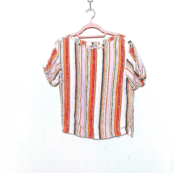 A New Day Orange and Green Striped Short Sleeve Linen Blend Blouse Size XS - Picture 1 of 7